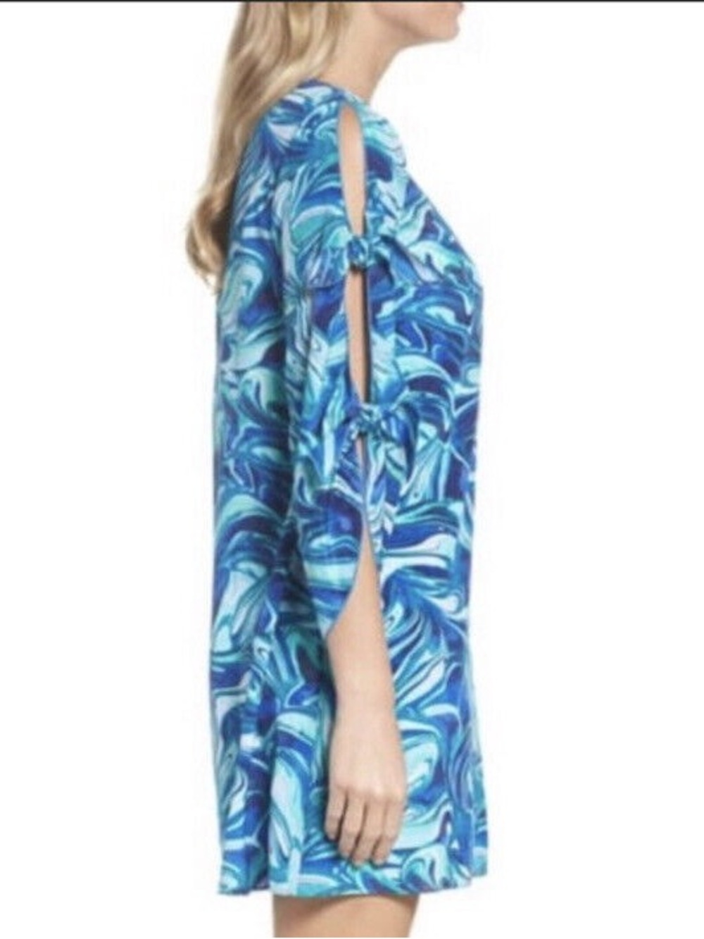 Lilly Pulitzer Avila Stretch Silk Dress in Ikat Blue Ocean Waves Sz M - Picture 3 of 13